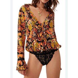 Free People Romantic Boho Bodysuit yellow orange floral size Small NWT